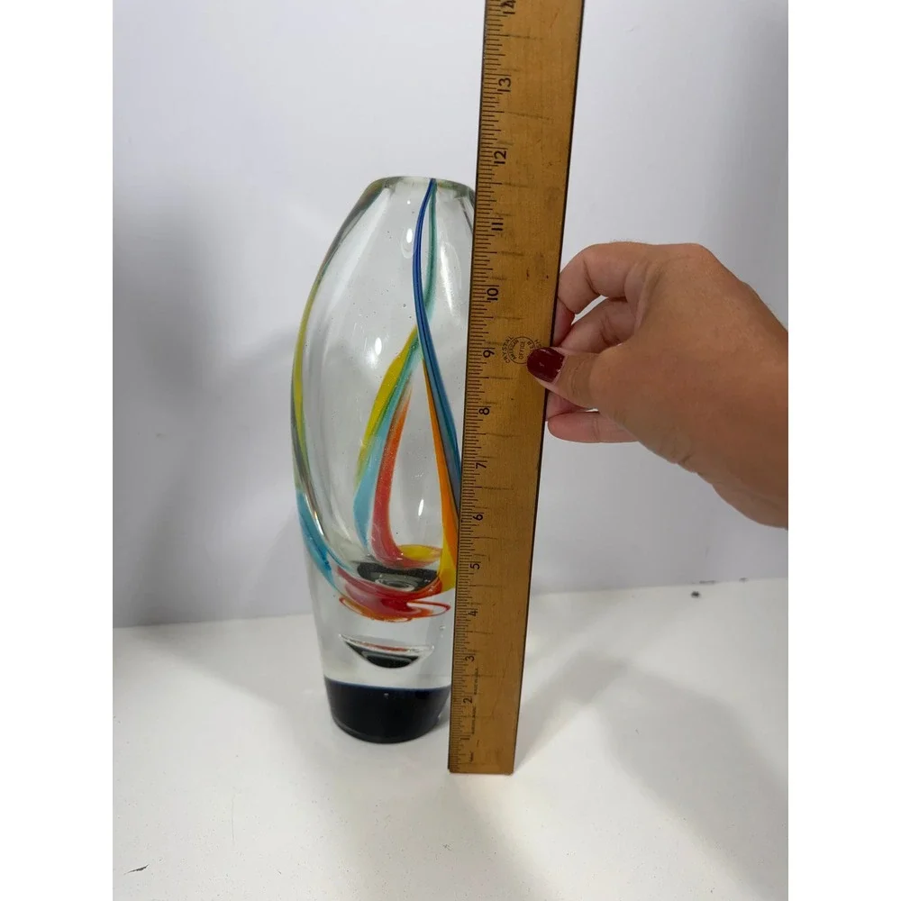 Murano Art Glass Bud Vase Sommerso Style Ribbon Swirl Blue Red Yellow VERY heavy